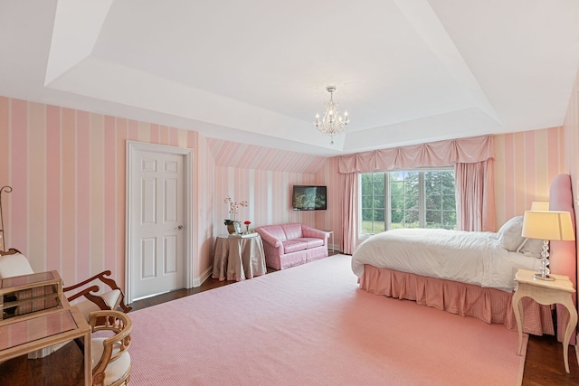 590 Merri Oaks Rd, Barrington Hills, IL 60010 - bedroom with wallpapered walls, a raised ceiling, wood finished floors, a chandelier, and access to outside