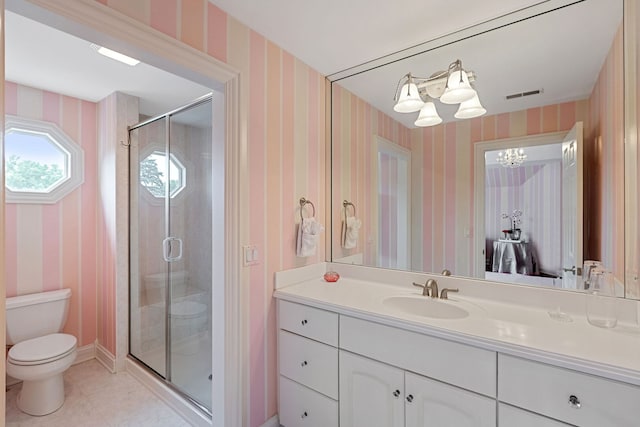 590 Merri Oaks Rd, Barrington Hills, IL 60010 - full bathroom with wallpapered walls, vanity, a stall shower, a chandelier, and tile patterned flooring
