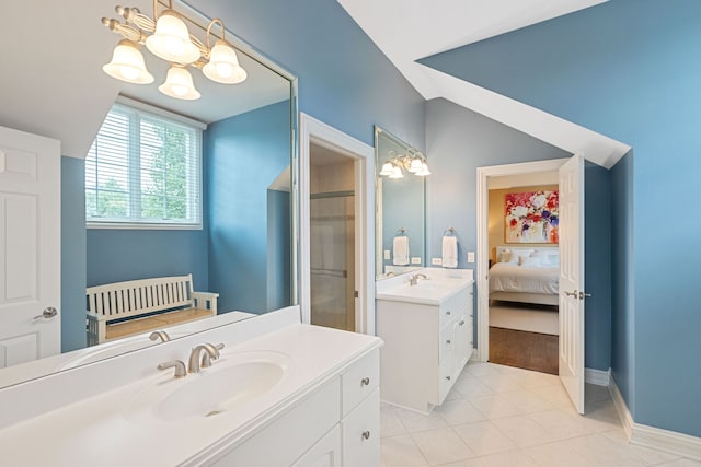 590 Merri Oaks Rd, Barrington Hills, IL 60010 - ensuite bathroom featuring a shower stall, vanity, tile patterned flooring, and a chandelier