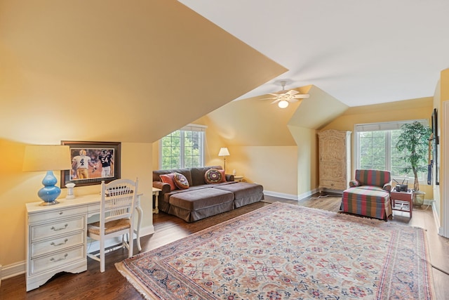 590 Merri Oaks Rd, Barrington Hills, IL 60010 - bedroom with multiple windows, wood finished floors, vaulted ceiling, and a ceiling fan