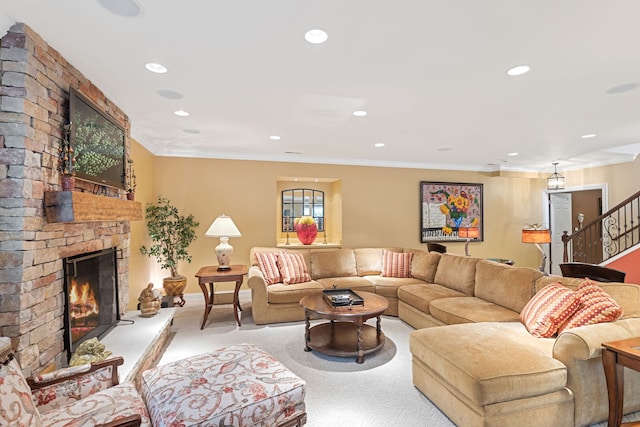 590 Merri Oaks Rd, Barrington Hills, IL 60010 - living room with carpet floors, a fireplace, recessed lighting, stairs, and crown molding