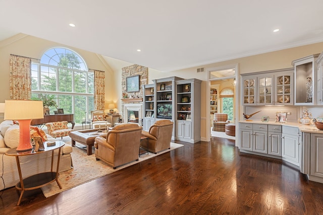 590 Merri Oaks Rd, Barrington Hills, IL 60010 - living room with dark wood-style flooring, a fireplace, and high vaulted ceiling