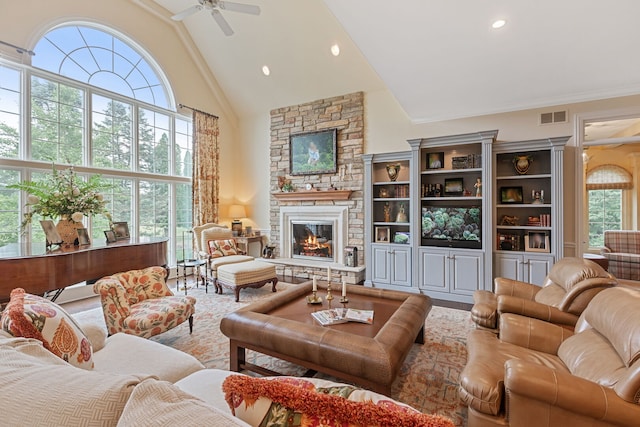 590 Merri Oaks Rd, Barrington Hills, IL 60010 - living area featuring high vaulted ceiling, a fireplace, ceiling fan, and recessed lighting