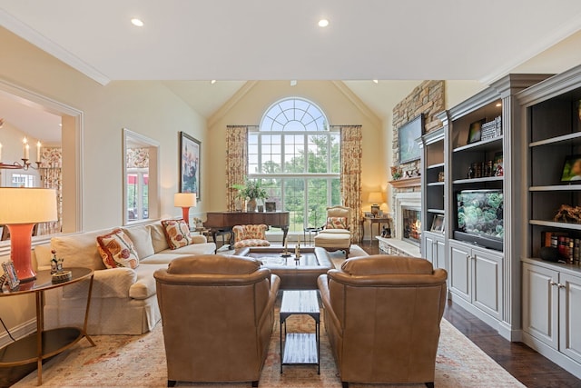 590 Merri Oaks Rd, Barrington Hills, IL 60010 - living area featuring a chandelier, a fireplace, high vaulted ceiling, recessed lighting, and wood finished floors