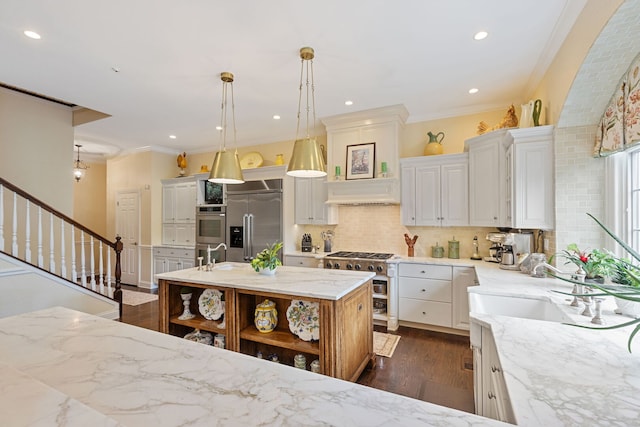590 Merri Oaks Rd, Barrington Hills, IL 60010 - kitchen featuring appliances with stainless steel finishes, open shelves, decorative backsplash, custom exhaust hood, and light stone countertops