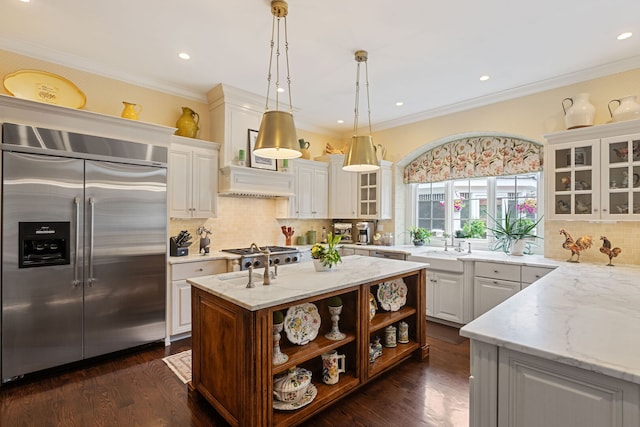 590 Merri Oaks Rd, Barrington Hills, IL 60010 - kitchen with appliances with stainless steel finishes, open shelves, tasteful backsplash, light stone counters, and ornamental molding