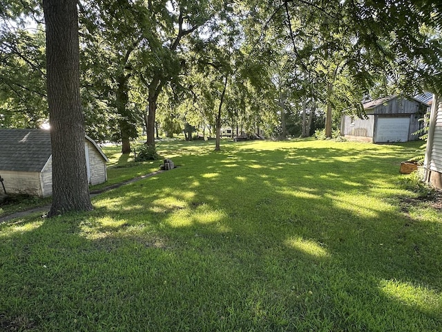 605 Washington St, Prophetstown, IL 61277 - view of green lawn featuring a detached garage and a storage shed
