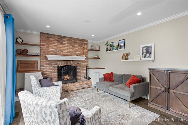 218 Foxmoor Rd, Fox River Grove, IL 60021 - living area with wood finished floors, crown molding, a fireplace, and recessed lighting