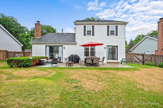 218 Foxmoor Rd, Fox River Grove, IL 60021 - back of house with a patio area, a fenced backyard, a shingled roof, a chimney, and an outdoor hangout area