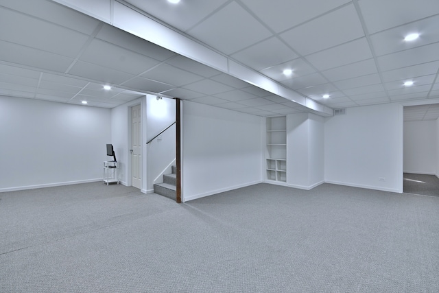 2020 Medinah Cir, Elgin, IL 60123 - finished below grade area featuring carpet, stairs, a drop ceiling, recessed lighting, and built in features