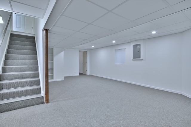 2020 Medinah Cir, Elgin, IL 60123 - finished basement featuring electric panel, stairs, carpet flooring, and recessed lighting