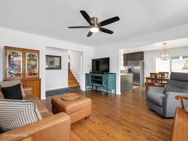 3916 N Adams St, Westmont, IL 60559 - living room with a ceiling fan, wood finished floors, a chandelier, and stairs