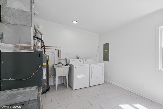 14449 Kenton Ave, Midlothian, IL 60445 - laundry room featuring independent washer and dryer, electric water heater, electric panel, light tile patterned floors, and heating unit