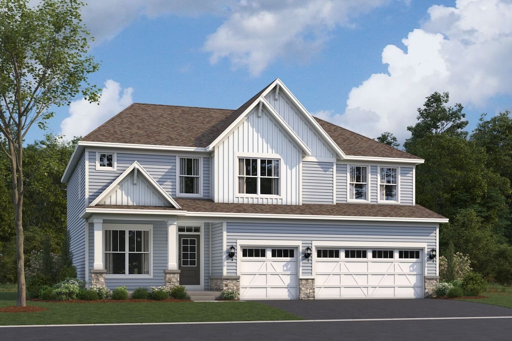26200 W Sablewood Cir, Plainfield, IL 60585 - view of front of house featuring an attached garage, board and batten siding, asphalt driveway, and a shingled roof
