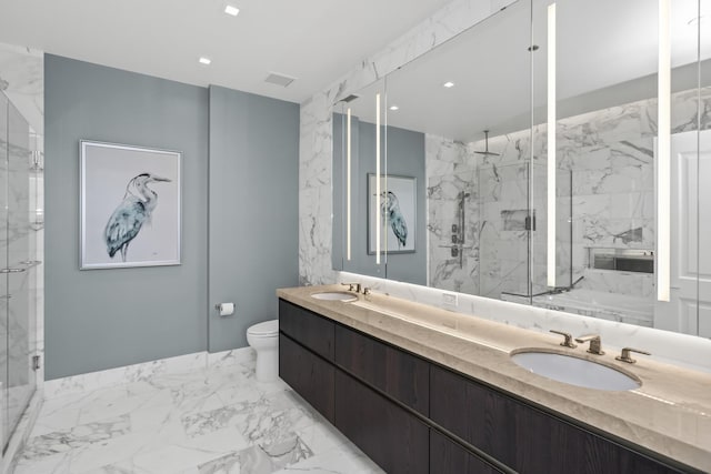363 E Wacker Dr Unit 2503, Chicago, IL 60601 - bathroom with a marble finish shower, double vanity, marble finish flooring, and a bath