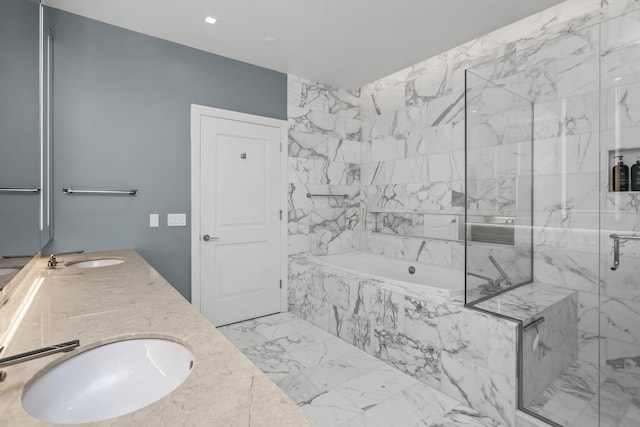 363 E Wacker Dr Unit 2503, Chicago, IL 60601 - full bathroom featuring a bath, a marble finish shower, double vanity, and marble finish floors
