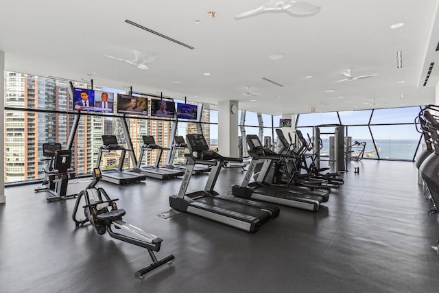 363 E Wacker Dr Unit 2503, Chicago, IL 60601 - gym with floor to ceiling windows, plenty of natural light, and a ceiling fan