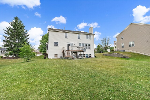 1285 Mallard Ln, Hoffman Estates, IL 60192 - back of house with a chimney, a yard, a wooden deck, and stairway