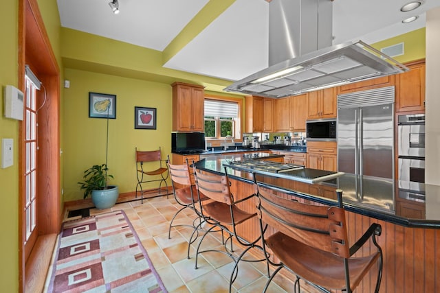 925 E 49th St, Chicago, IL 60615 - kitchen featuring appliances with stainless steel finishes, range hood, dark countertops, a kitchen bar, and light tile patterned floors
