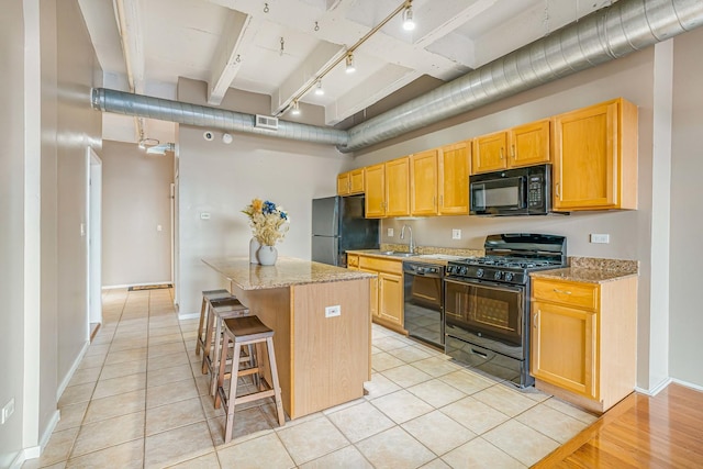 5200 S Ellis Ave Unit 318, Chicago, IL 60615 - kitchen with black appliances, track lighting, a breakfast bar area, and light stone counters