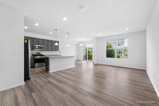 23540 W Bancroft Dr Unit 0, Plainfield, IL 60585 - kitchen featuring appliances with stainless steel finishes, open floor plan, light countertops, recessed lighting, and wood finished floors