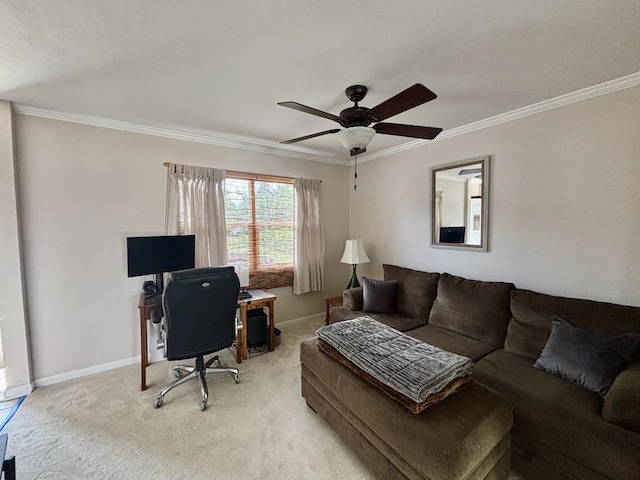 505 Highland St, Belvidere, IL 61008 - office area with crown molding, ceiling fan, and light colored carpet