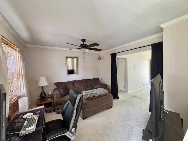 505 Highland St, Belvidere, IL 61008 - living room featuring light carpet, crown molding, ceiling fan, and an office area