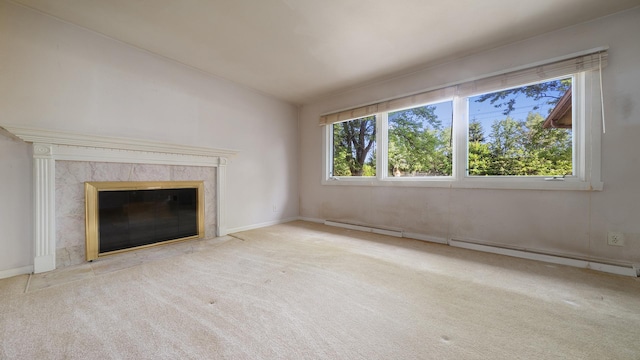 4209 Rotary Rd, Rockford, IL 61109 - unfurnished living room featuring carpet floors, a high end fireplace, a baseboard radiator, and lofted ceiling