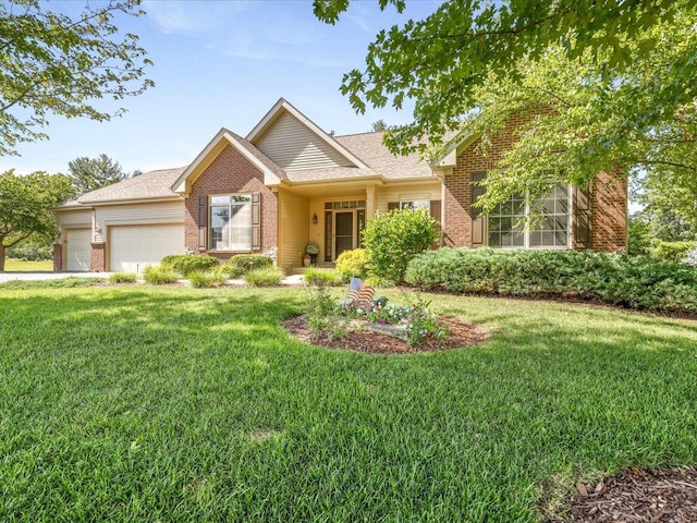 7681 Highlands Dr, Rockford, IL 61102 - ranch-style house featuring brick siding, an attached garage, and a front lawn