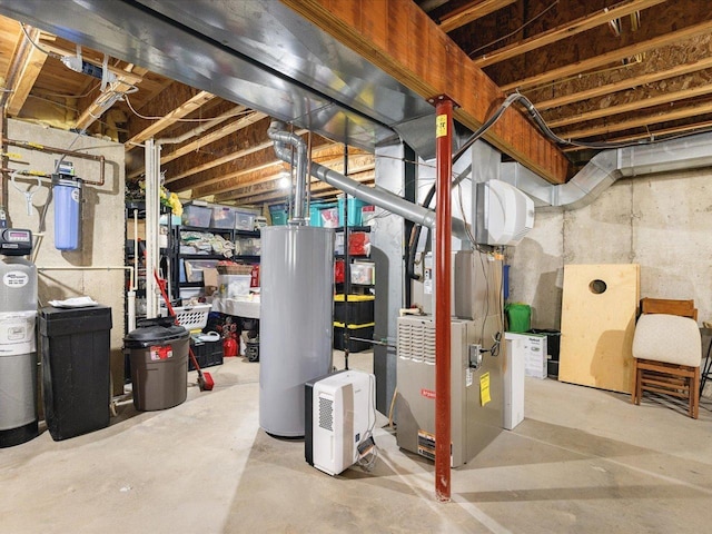 7681 Highlands Dr, Rockford, IL 61102 - unfinished basement featuring water heater, a water softener system, and heating unit