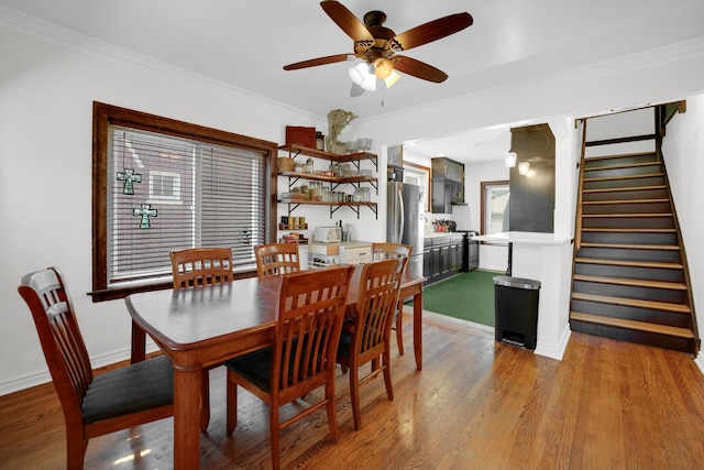 9146 S Hamilton Ave, Chicago, IL 60643 - dining area with a ceiling fan, stairway, light wood-type flooring, and ornamental molding