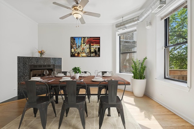 1023 W Balmoral Ave Unit 3A, Chicago, IL 60640 - dining room with ornamental molding, wood finished floors, a fireplace, and a ceiling fan