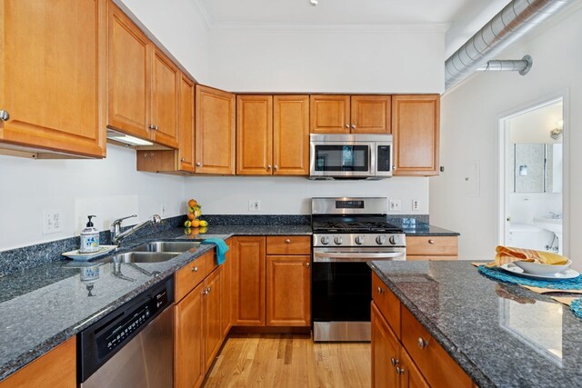 1023 W Balmoral Ave Unit 3A, Chicago, IL 60640 - kitchen featuring appliances with stainless steel finishes, dark stone countertops, brown cabinets, light wood-style floors, and ornamental molding