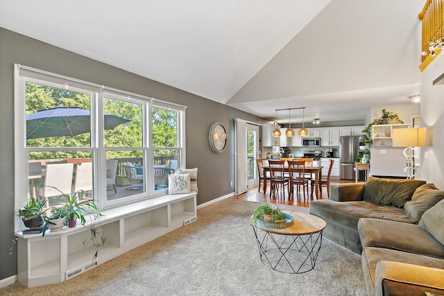105 Devonshire Dr, Dekalb, IL 60115 - living area featuring healthy amount of natural light, light colored carpet, and high vaulted ceiling
