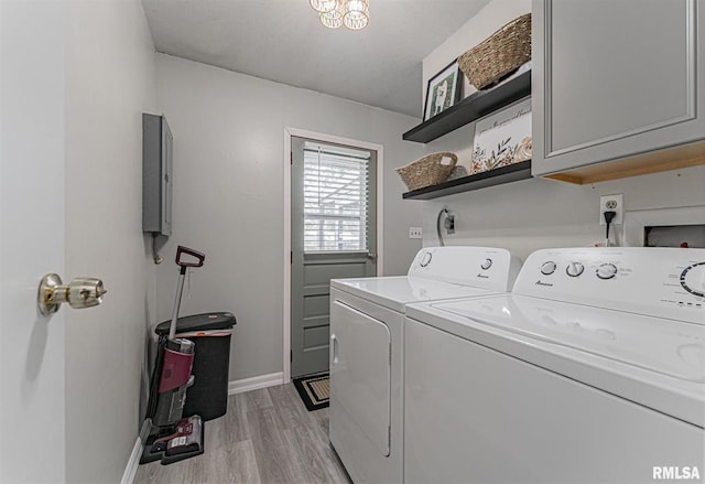145 White Ave, Lincoln, IL 62656 - laundry room with washing machine and dryer, cabinet space, light wood-style flooring, and electric panel