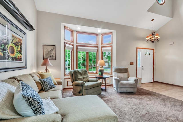 330 Dorchester Ln, Grayslake, IL 60030 - carpeted living room with a chandelier and a high ceiling