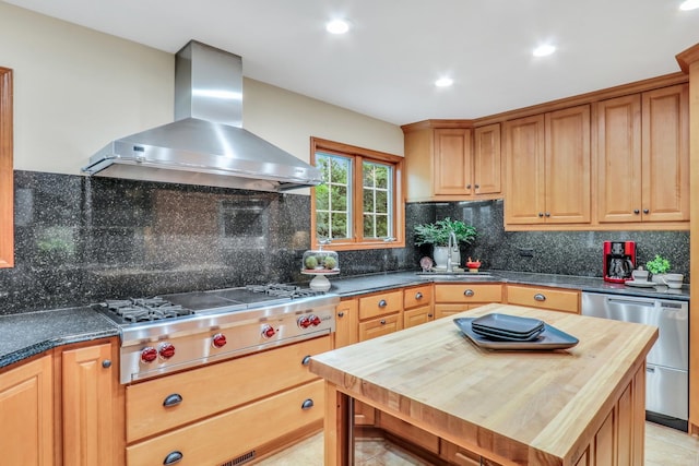 330 Dorchester Ln, Grayslake, IL 60030 - kitchen with wall chimney range hood, stainless steel appliances, wooden counters, recessed lighting, and backsplash