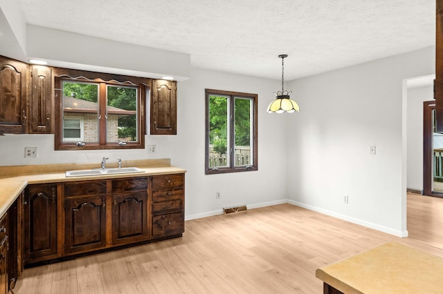 1219 Nicki Dr, Bloomington, IL 61704 - kitchen with light wood-style floors, light countertops, dark brown cabinetry, decorative light fixtures, and a textured ceiling