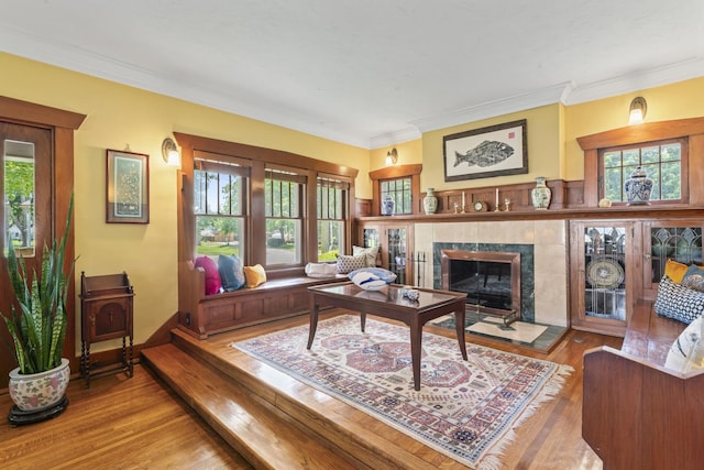 321 W Chebanse Ave, Chebanse, IL 60922 - living area featuring plenty of natural light, wood finished floors, ornamental molding, and a tiled fireplace