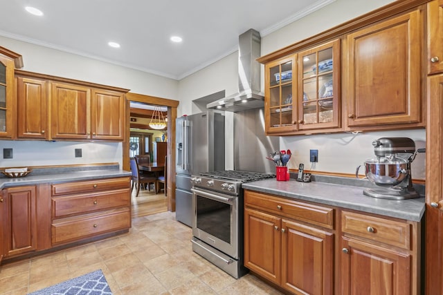 321 W Chebanse Ave, Chebanse, IL 60922 - kitchen featuring stainless steel appliances, wall chimney exhaust hood, ornamental molding, brown cabinetry, and glass insert cabinets