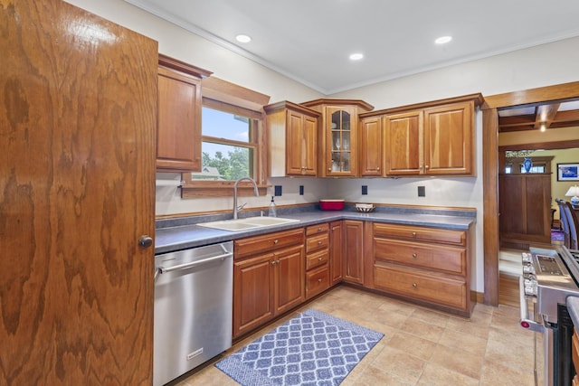 321 W Chebanse Ave, Chebanse, IL 60922 - kitchen with appliances with stainless steel finishes, brown cabinets, ornamental molding, glass insert cabinets, and recessed lighting