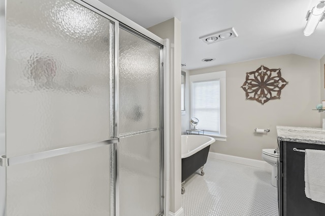 321 W Chebanse Ave, Chebanse, IL 60922 - full bathroom with vanity, a soaking tub, a stall shower, tile patterned flooring, and lofted ceiling