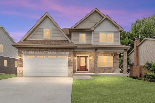 16540 Pear Ave, Orland Park, IL 60467 - craftsman-style home with driveway, board and batten siding, a front lawn, roof with shingles, and a porch