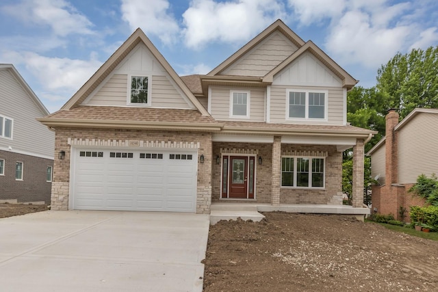 16540 Pear Ave, Orland Park, IL 60467 - craftsman-style home featuring covered porch, driveway, board and batten siding, roof with shingles, and brick siding