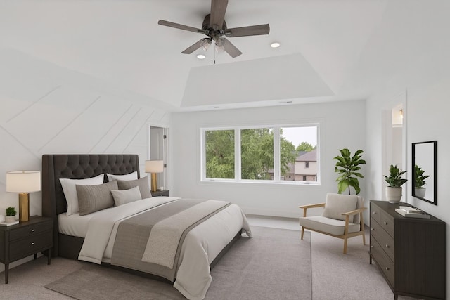 16540 Pear Ave, Orland Park, IL 60467 - bedroom featuring light carpet, a ceiling fan, a raised ceiling, and recessed lighting