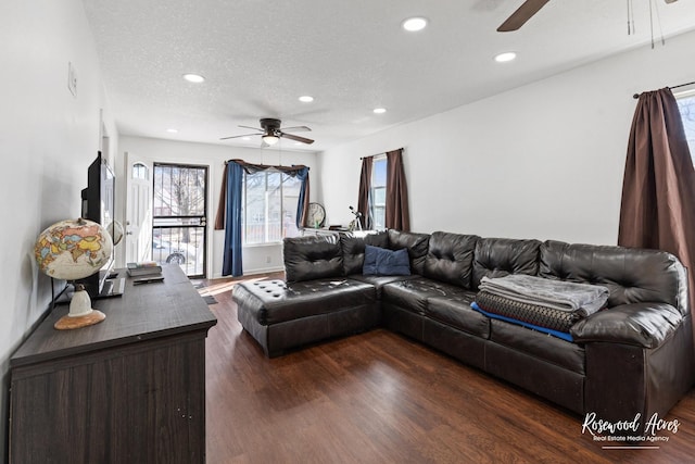 245 N 6th Ave, Kankakee, IL 60901 - living room featuring ceiling fan, recessed lighting, dark wood-style floors, and a textured ceiling