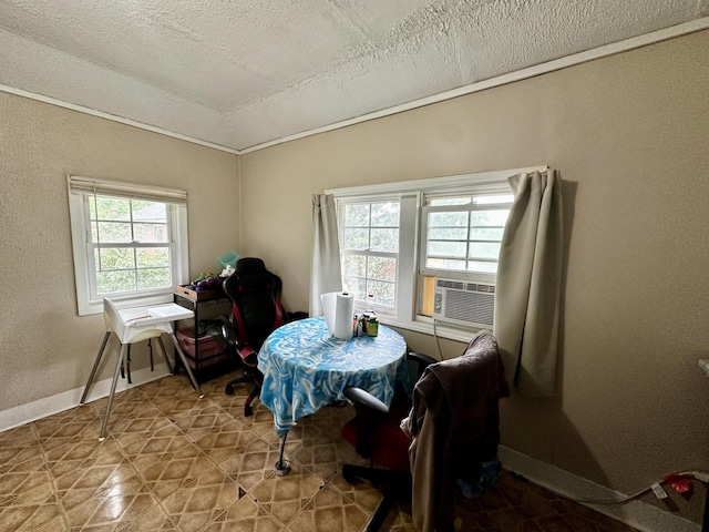 39 Leonard St, Elgin, IL 60123 - dining room featuring cooling unit, a desk, a textured ceiling, and a textured wall
