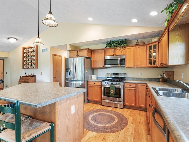 1375 Coven Cir, Davis, IL 61019 - kitchen featuring appliances with stainless steel finishes, lofted ceiling, light wood finished floors, a kitchen breakfast bar, and a textured ceiling