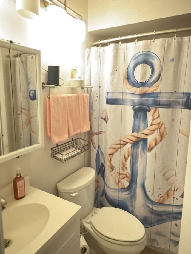 full bath with vanity and a shower with shower curtain