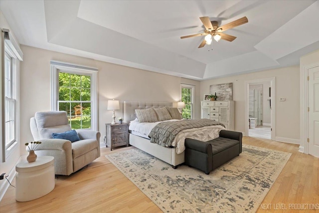 25660 N Countryside Dr, Lake Barrington, IL 60010 - bedroom with a raised ceiling, multiple windows, light wood-style floors, and ceiling fan